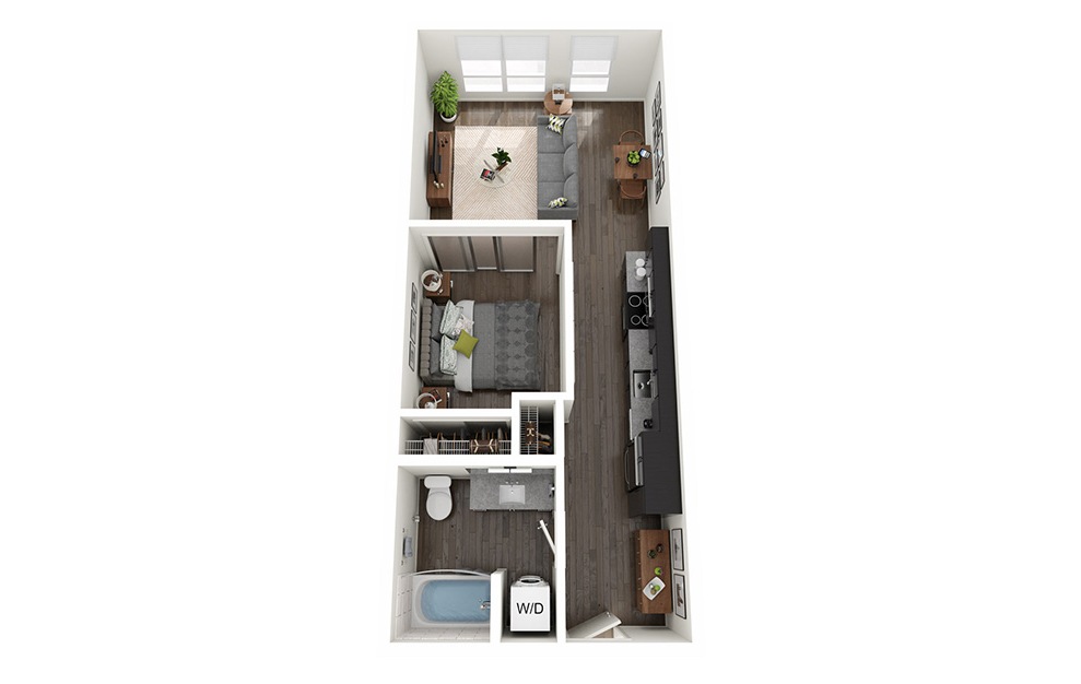 Open 1 Bedroom A - 1 bedroom floorplan layout with 1 bath and 570 to 647 square feet.