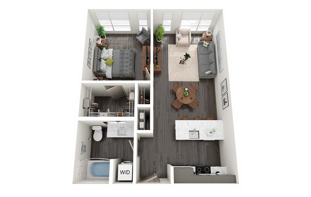 1 Bedroom A - 1 bedroom floorplan layout with 1 bath and 664 to 736 square feet.