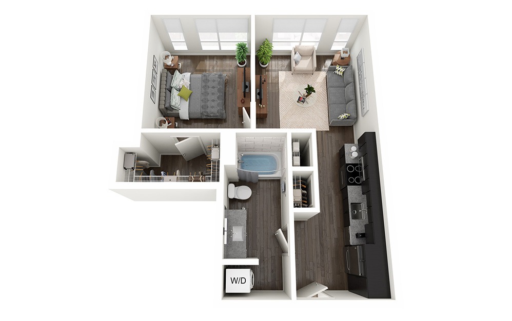 1 Bedroom B - 1 bedroom floorplan layout with 1 bathroom and 567 - 647 square feet