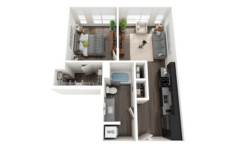 1 Bedroom B - 1 bedroom floorplan layout with 1 bath and 567 to 647 square feet.