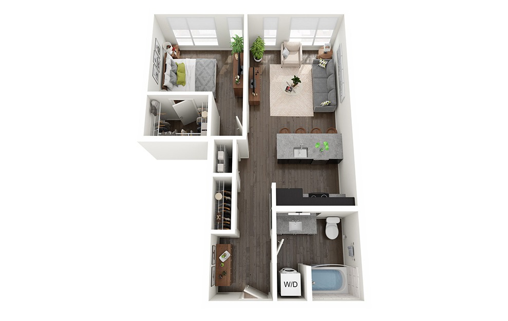 1 Bedroom D - 1 bedroom floorplan layout with 1 bath and 697 square feet.