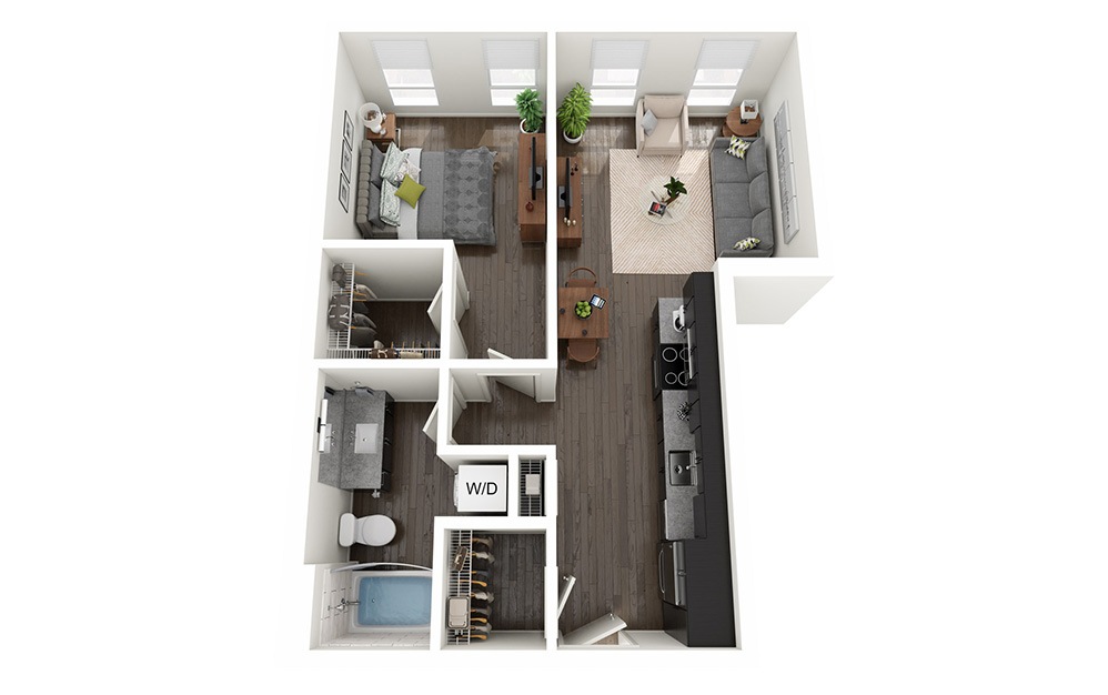 1 Bedroom E - 1 bedroom floorplan layout with 1 bathroom and 584 - 669 square feet