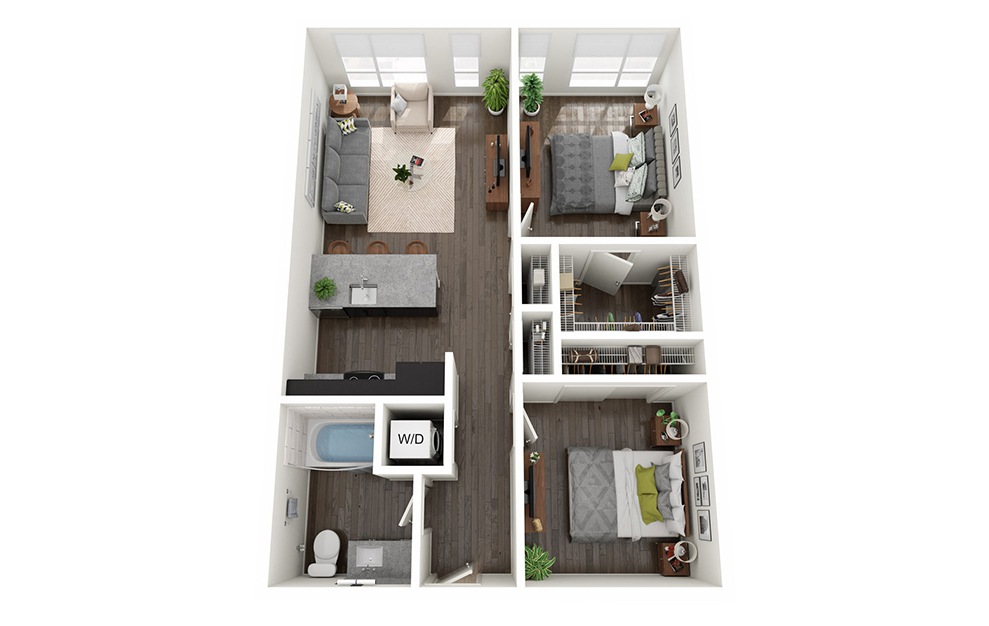 1 Bedroom + Den  - 1 bedroom floorplan layout with 1 bath and 809 to 887 square feet.