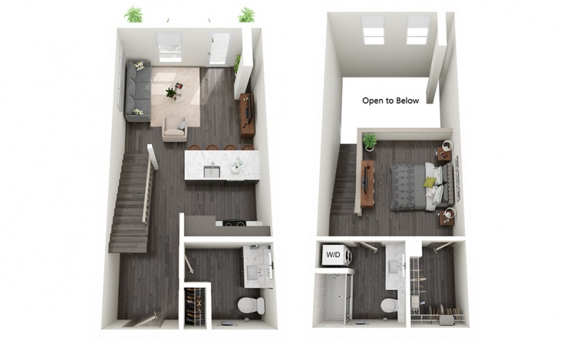 1 Bedroom Loft A - 1 bedroom floorplan layout with 1.5 bathroom and 829 - 940 square feet