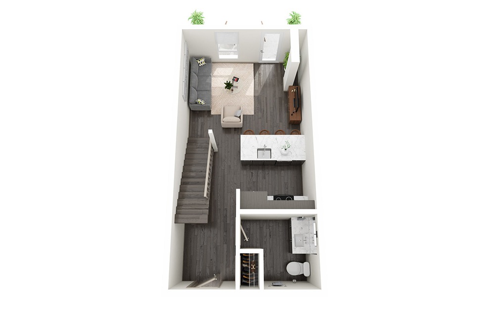 1 Bedroom Loft A - 1 bedroom floorplan layout with 1.5 bath and 829 to 940 square feet. (Floor 1)