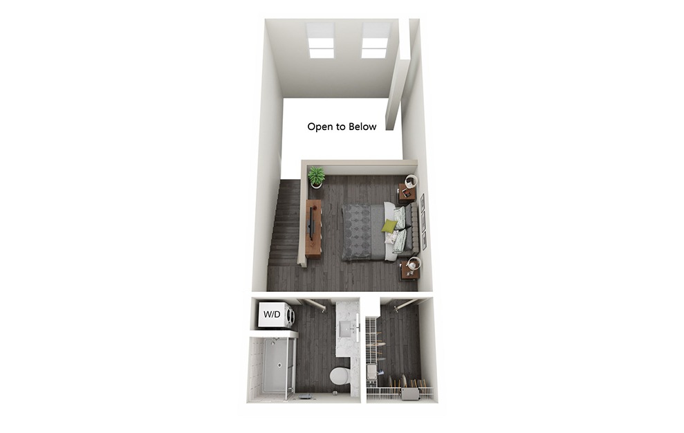 1 Bedroom Loft A - 1 bedroom floorplan layout with 1.5 bath and 829 to 940 square feet. (Floor 2)