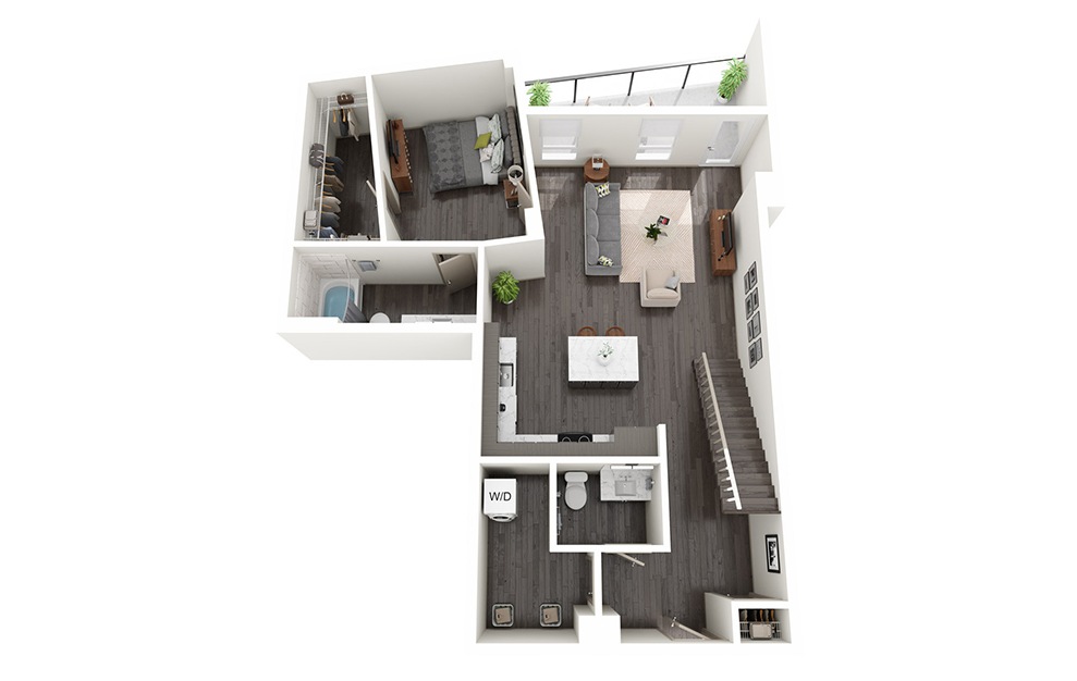 2 Bedroom Loft - 2 bedroom floorplan layout with 2.5 baths and 1400 square feet. (Floor 1)