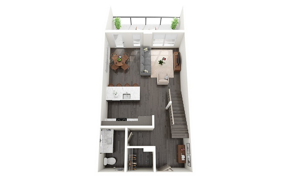 1 Bedroom Loft D - 1 bedroom floorplan layout with 1.5 bath and 986 to 1121 square feet. (Floor 1)