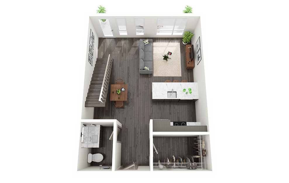 1 Bedroom Loft F - 1 bedroom floorplan layout with 1.5 bath and 991 to 1042 square feet. (Floor 1)