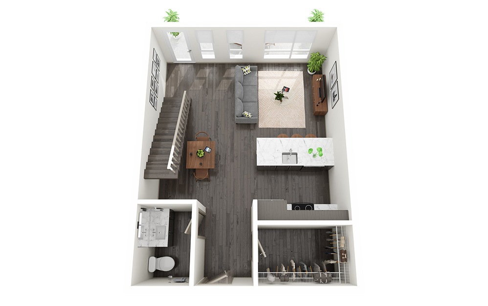 1 Bedroom Loft F - 1 bedroom floorplan layout with 1.5 bathroom and 991 - 1042 square feet (Floor 1)