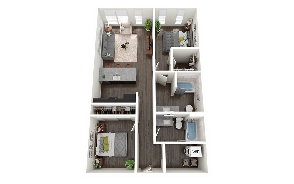 Open 2 Bedrooms A - 2 bedroom floorplan layout with 2 bathrooms and 909 square feet