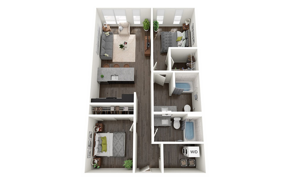 Open 2 Bedrooms A - 2 bedroom floorplan layout with 2 baths and 909 square feet.