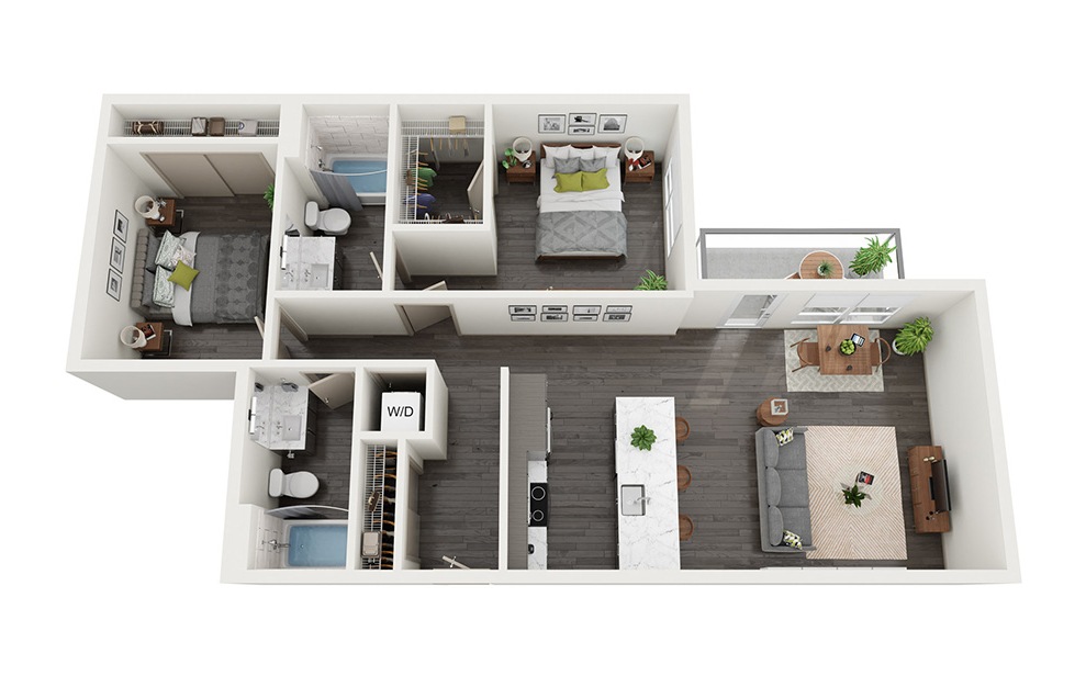 Open  2 Bedrooms B - 2 bedroom floorplan layout with 2 baths and 1017 to 1074 square feet.