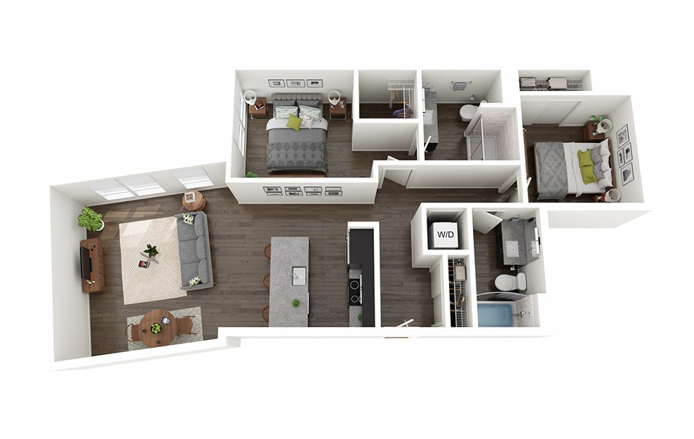 Open  2 Bedrooms C - 2 bedroom floorplan layout with 2 baths and 1026 square feet.