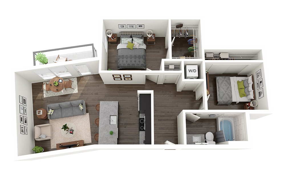 Open 2 Bedrooms D - 2 bedroom floorplan layout with 1 bath and 932 square feet.