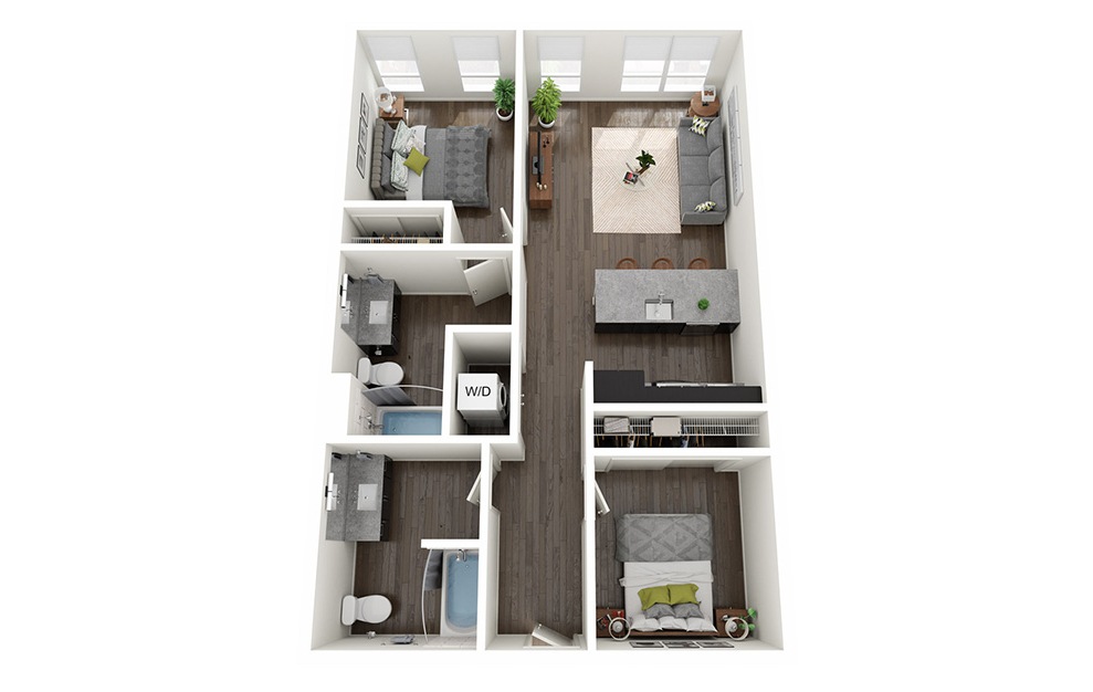 Open 2 Bedrooms E - 2 bedroom floorplan layout with 2 baths and 915 to 925 square feet.