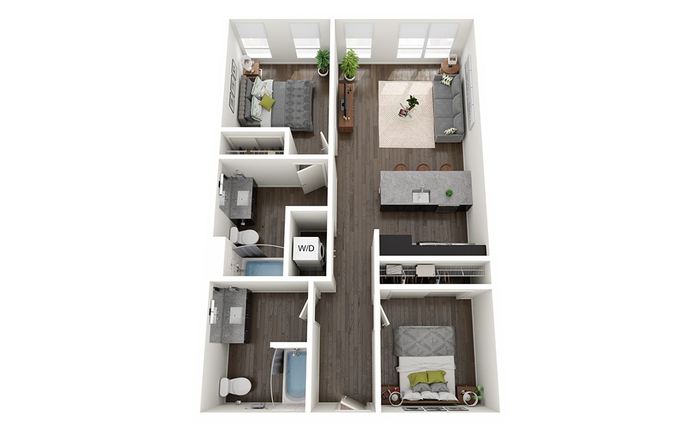 Open 2 Bedrooms E - 2 bedroom floorplan layout with 2 bathrooms and 915 - 925 square feet