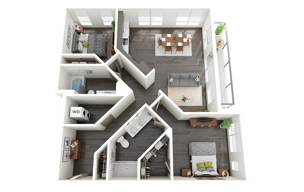 2 Bedrooms A - 2 bedroom floorplan layout with 2 baths and 1183 to 1201 square feet.