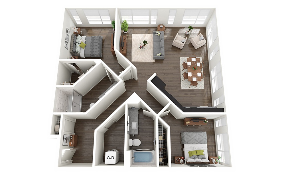 2 Bedrooms B - 2 bedroom floorplan layout with 2 baths and 1241 to 1294 square feet.