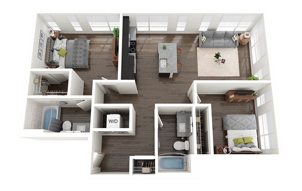 2 Bedrooms C - 2 bedroom floorplan layout with 2 baths and 999 square feet.