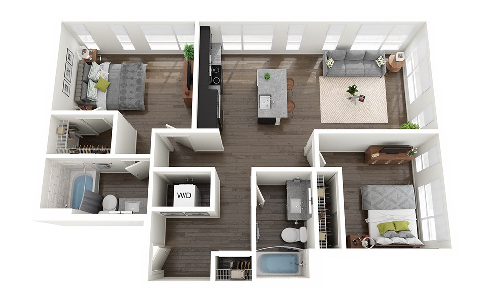 2 Bedrooms C - 2 bedroom floorplan layout with 2 bathrooms and 999 square feet