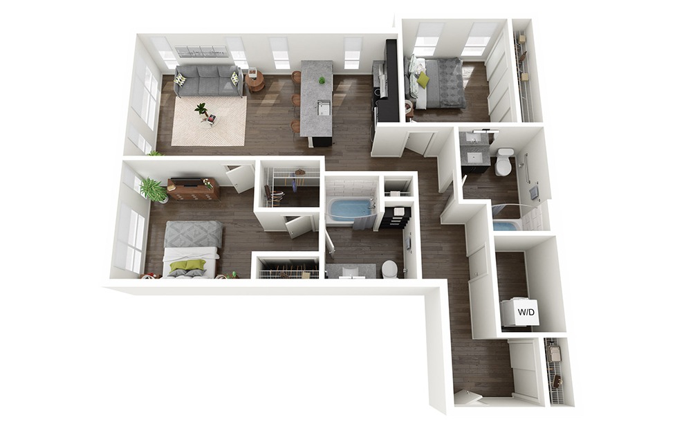 2 Bedrooms D - 2 bedroom floorplan layout with 2 baths and 1140 to 1144 square feet.
