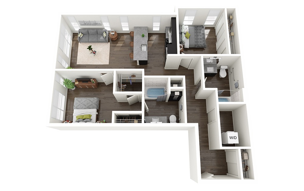 2 Bedrooms D - 2 bedroom floorplan layout with 2 bathrooms and 1140 - 1144 square feet