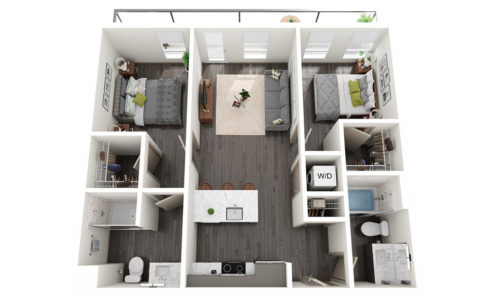 2 Bedrooms E - 2 bedroom floorplan layout with 2 bathrooms and 880 square feet