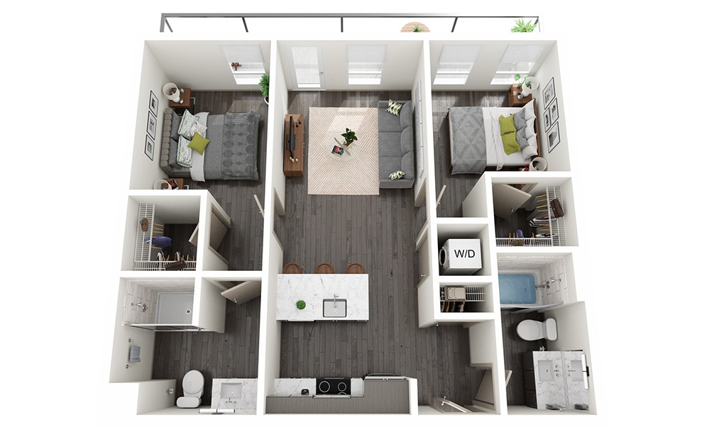 2 Bedrooms E - 2 bedroom floorplan layout with 2 baths and 880 square feet.