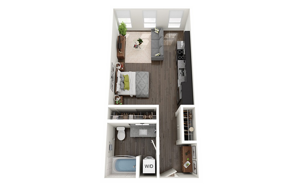 Studio A - Studio floorplan layout with 1 bathroom and 522 - 531 square feet