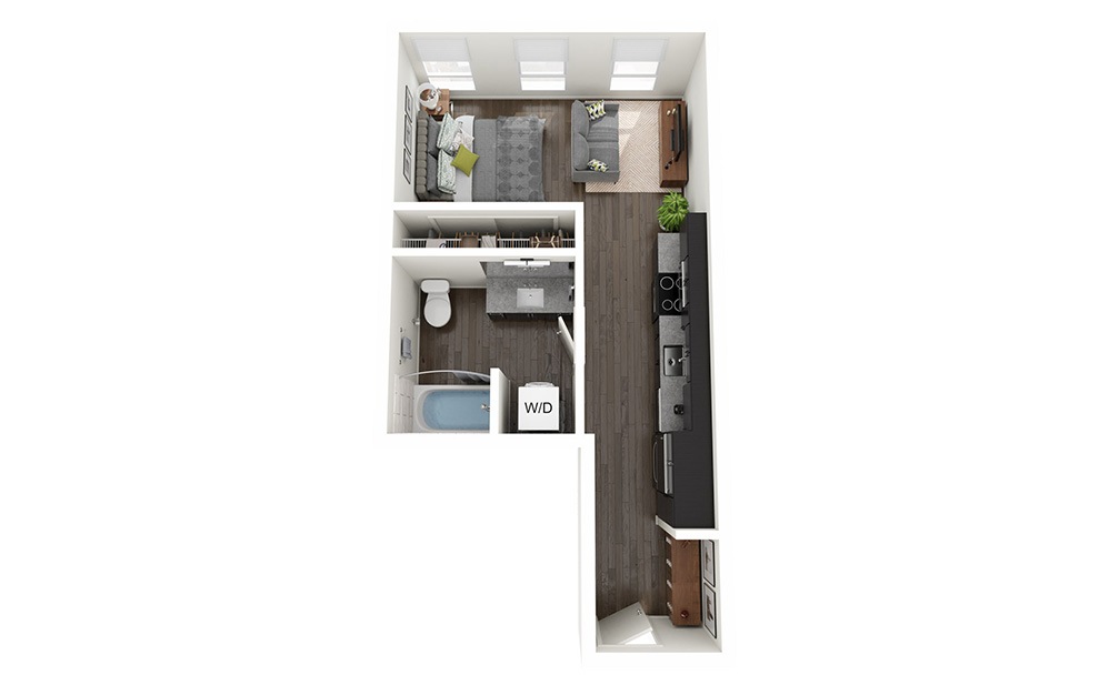 Studio B - Studio floorplan layout with 1 bathroom and 456 square feet