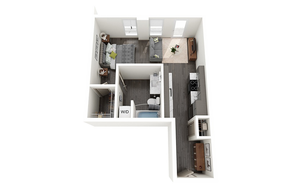 Studio C - Studio floorplan layout with 1 bath and 497 square feet.