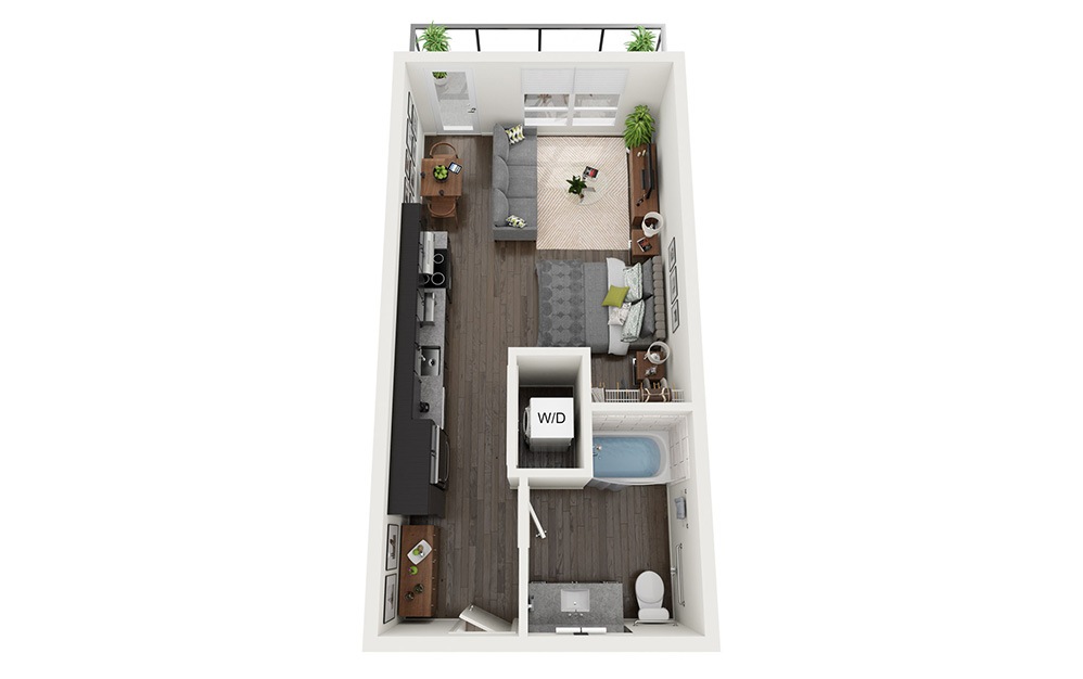 Studio D - Studio floorplan layout with 1 bathroom and 587 - 757 square feet