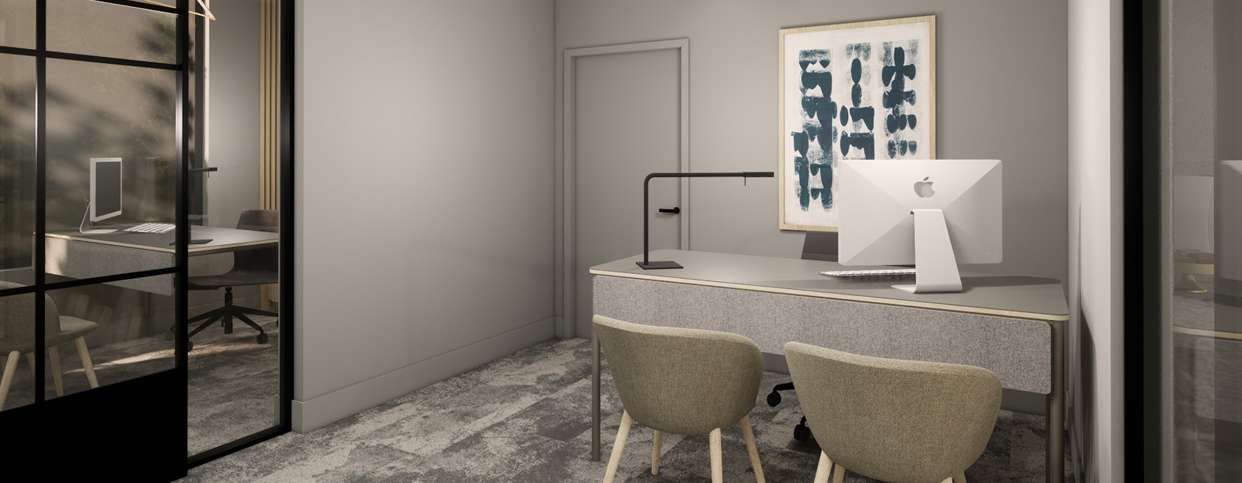 rendering of desk area with large glass enclosed walls and artwork on walls